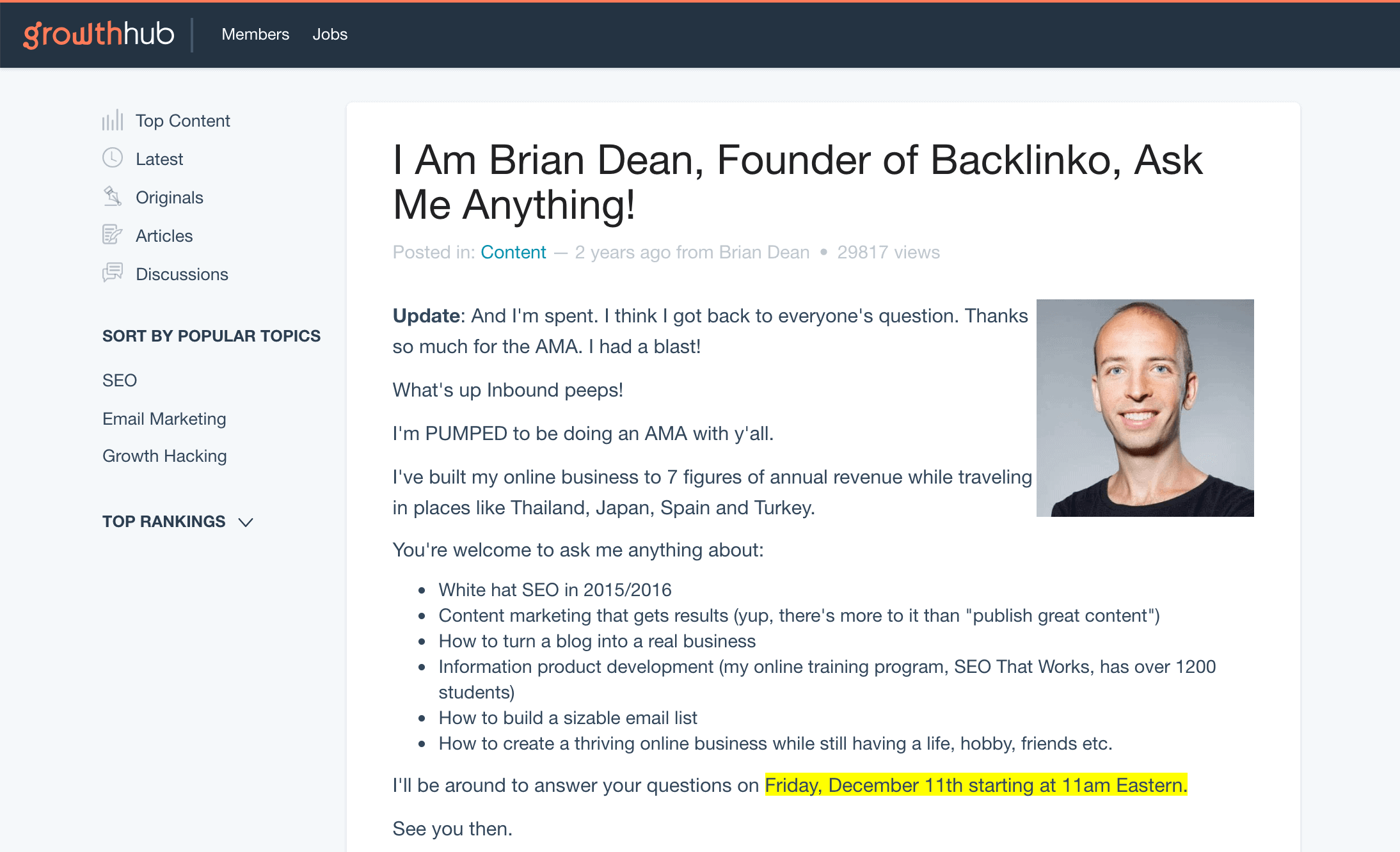 Brian Inbound.org post