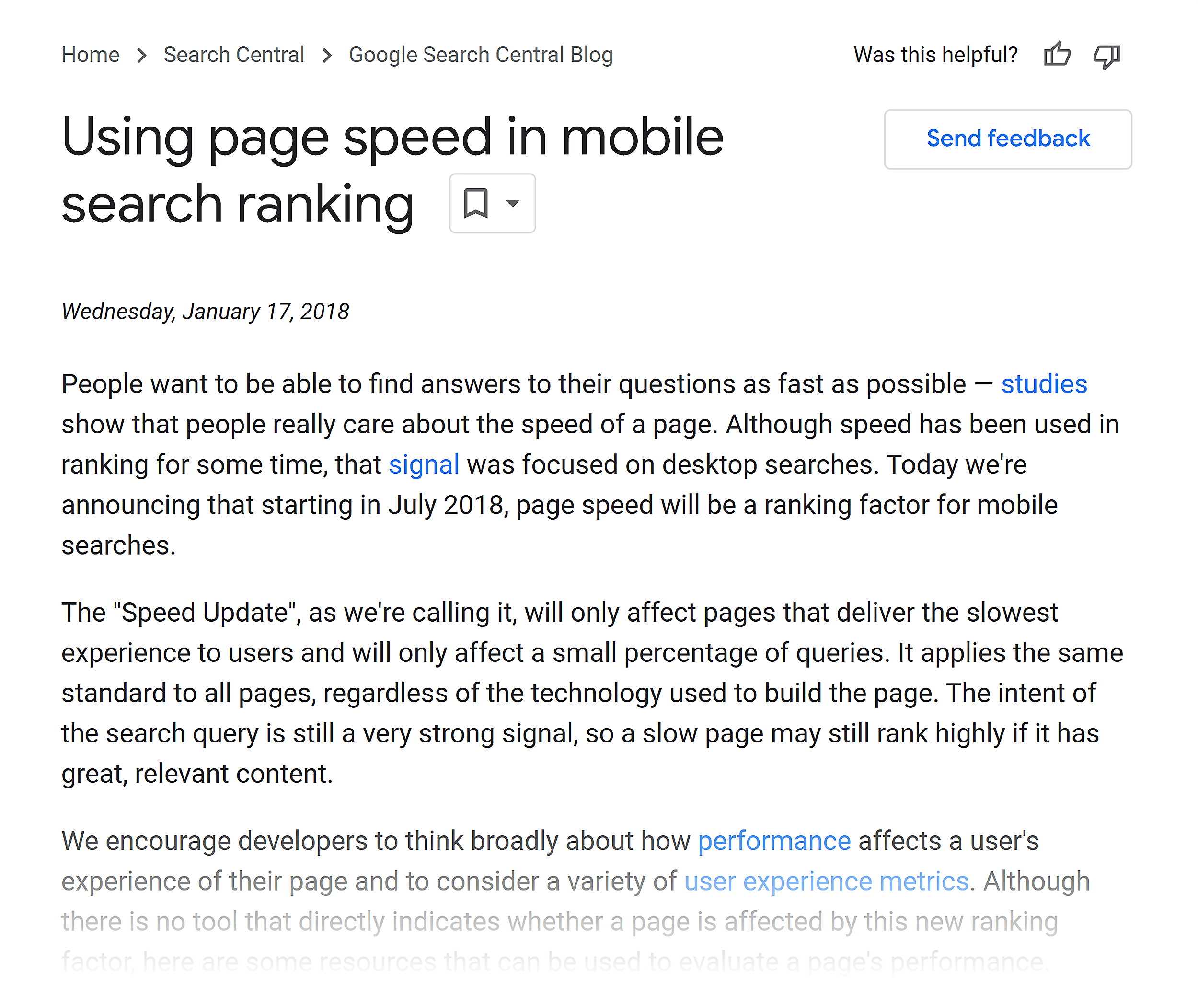Google Search Central – Using page speed in mobile search
