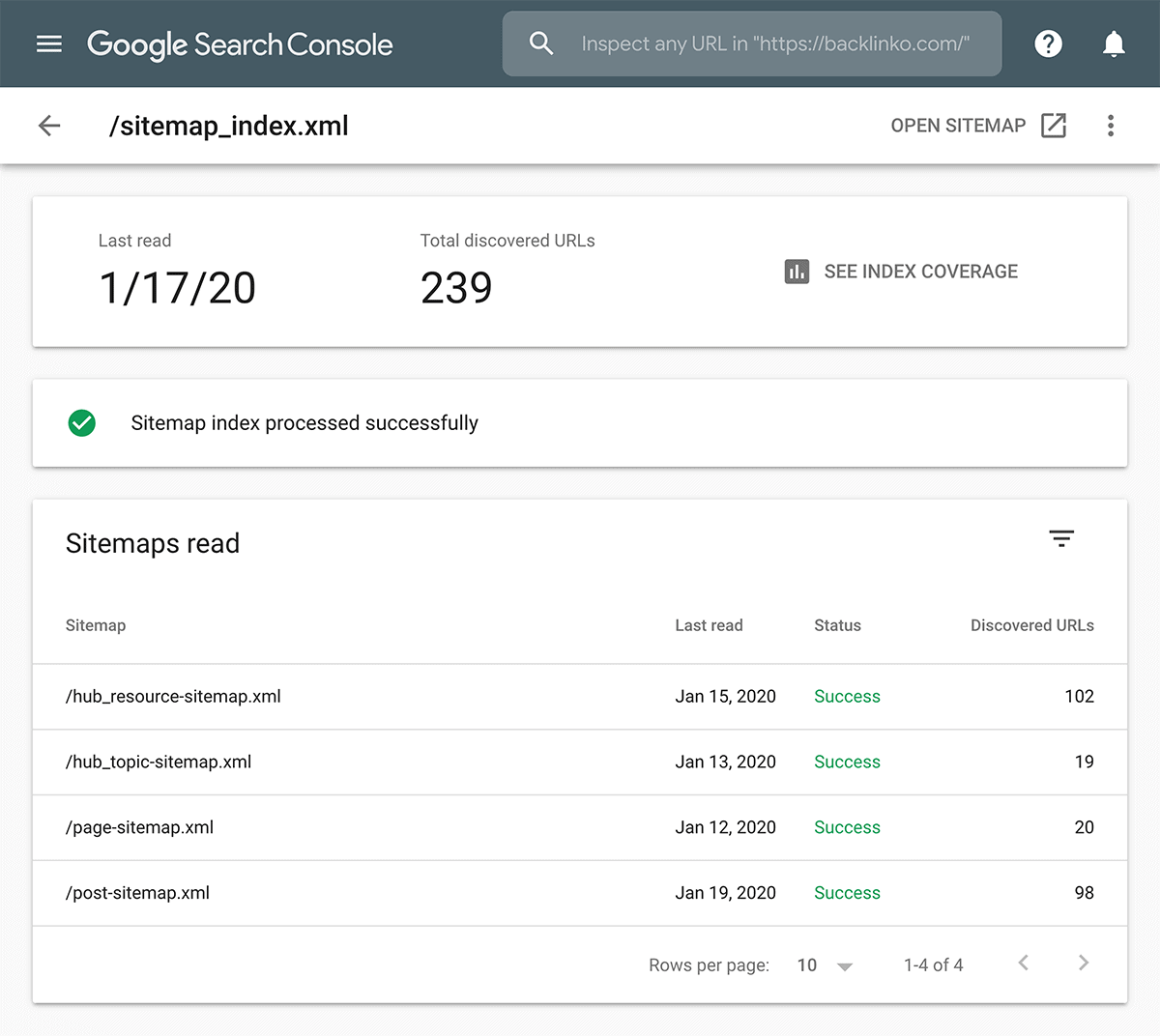 Google Search Console – Sitemap page