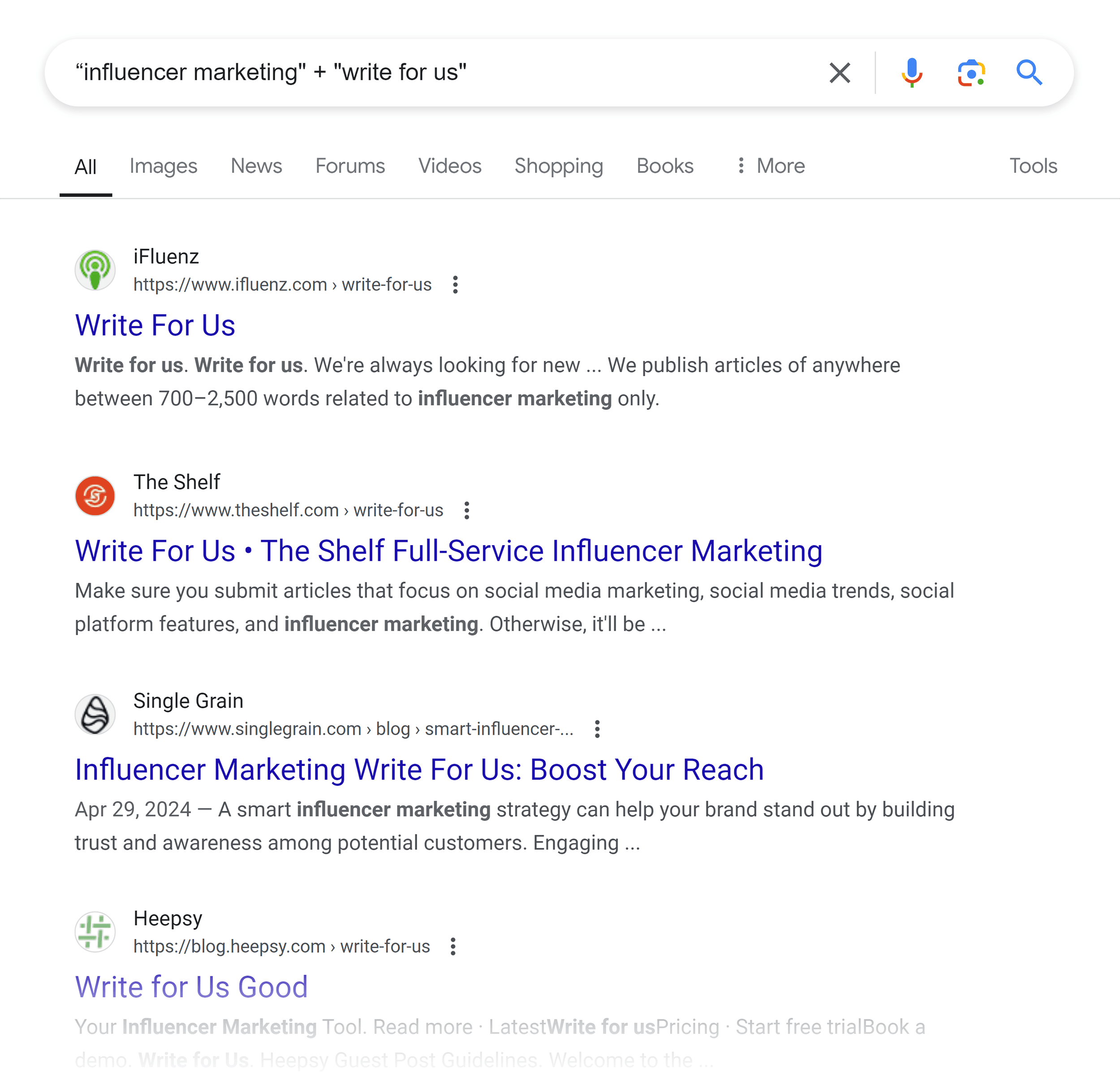 Google SERP – "influencer marketing" + "write for us"