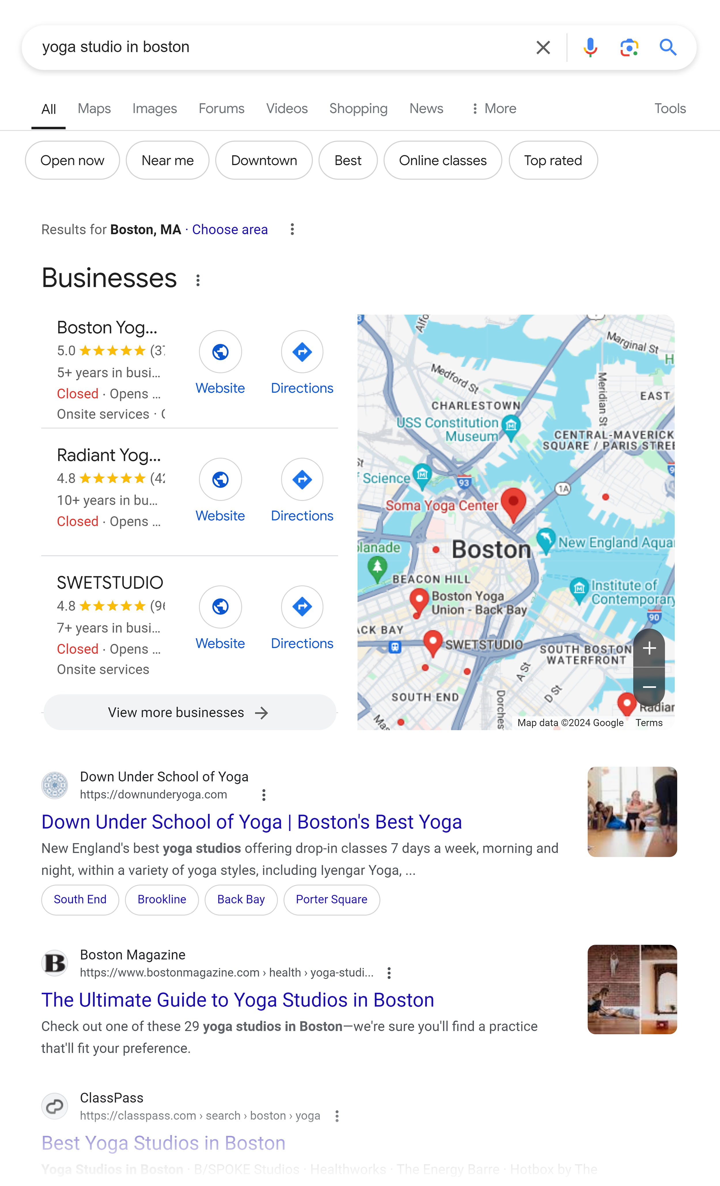 Google SERP – Yoga studio in Boston