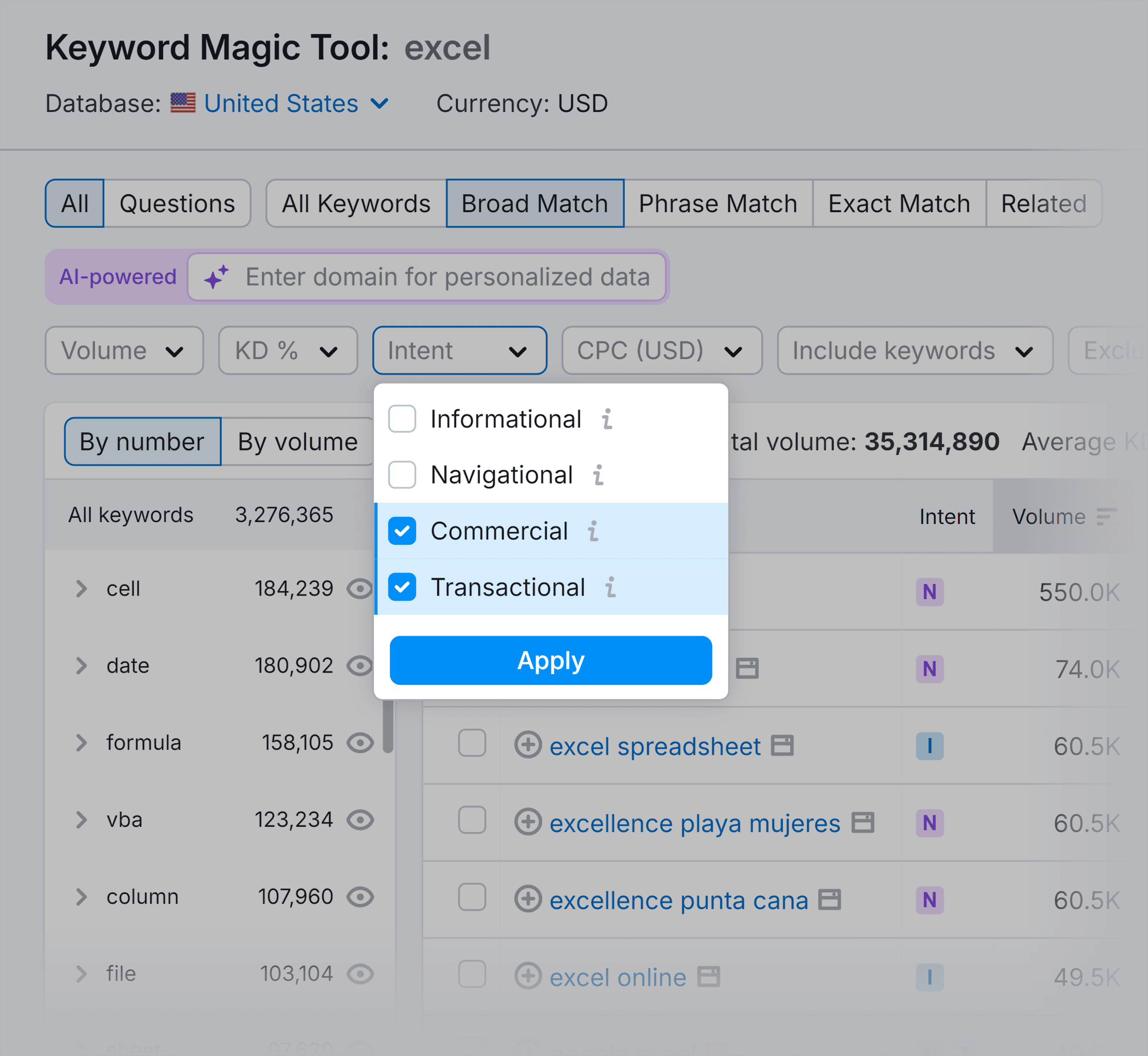 Keyword Magic Tool – Intent filter – Excel