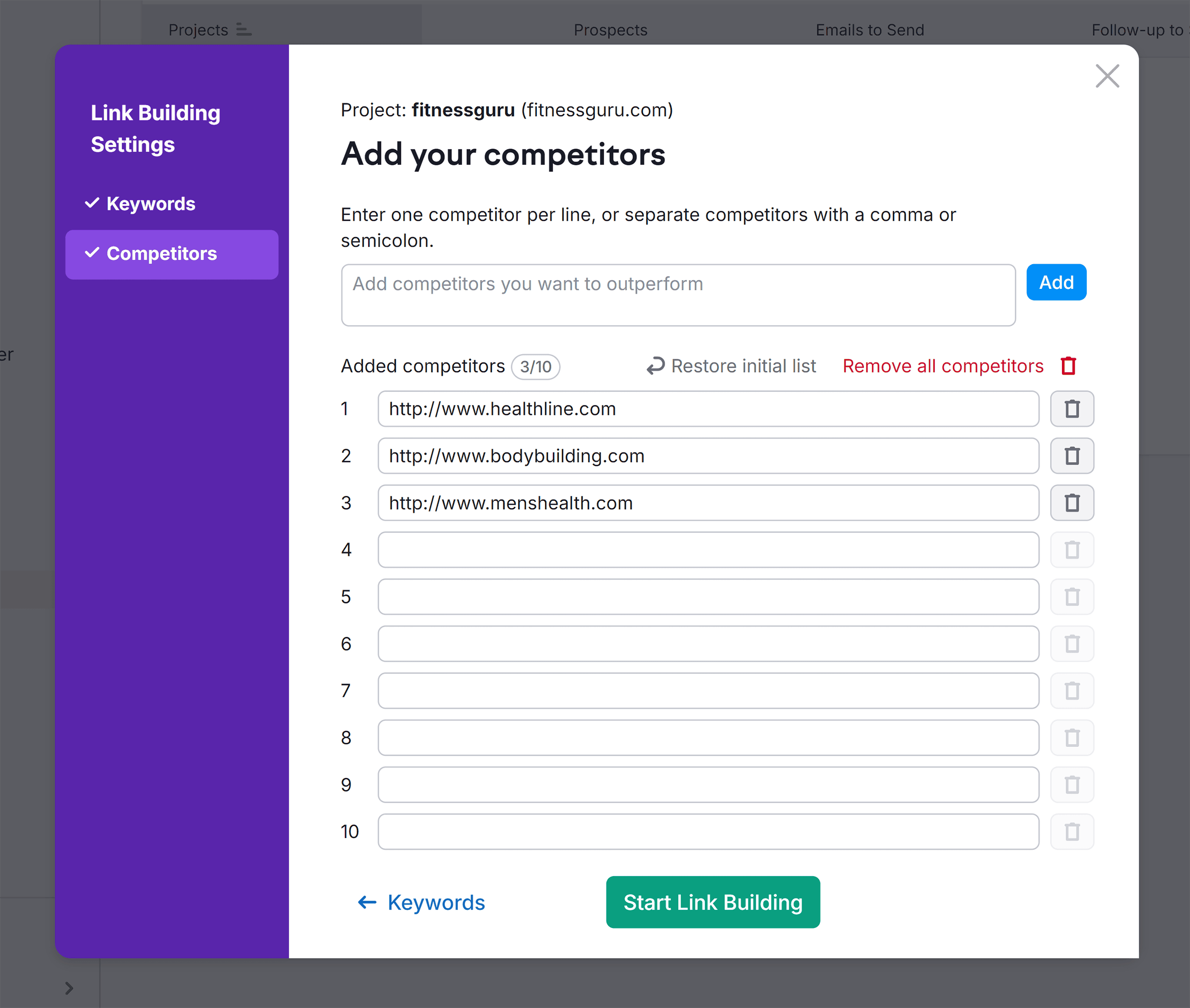 Link Building Tool – Add competitors