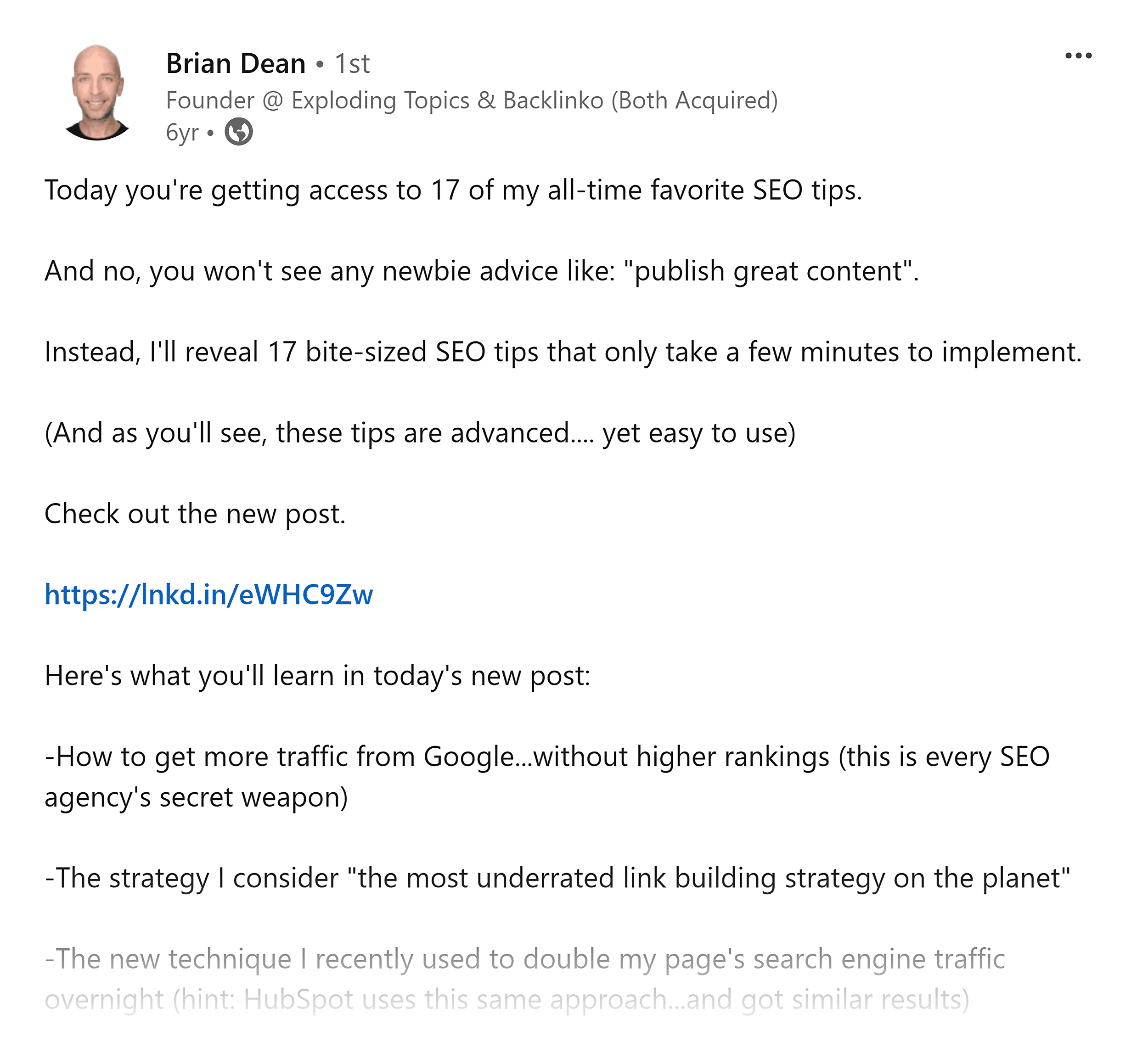 LinkedIn post – 17 most important SEO tips
