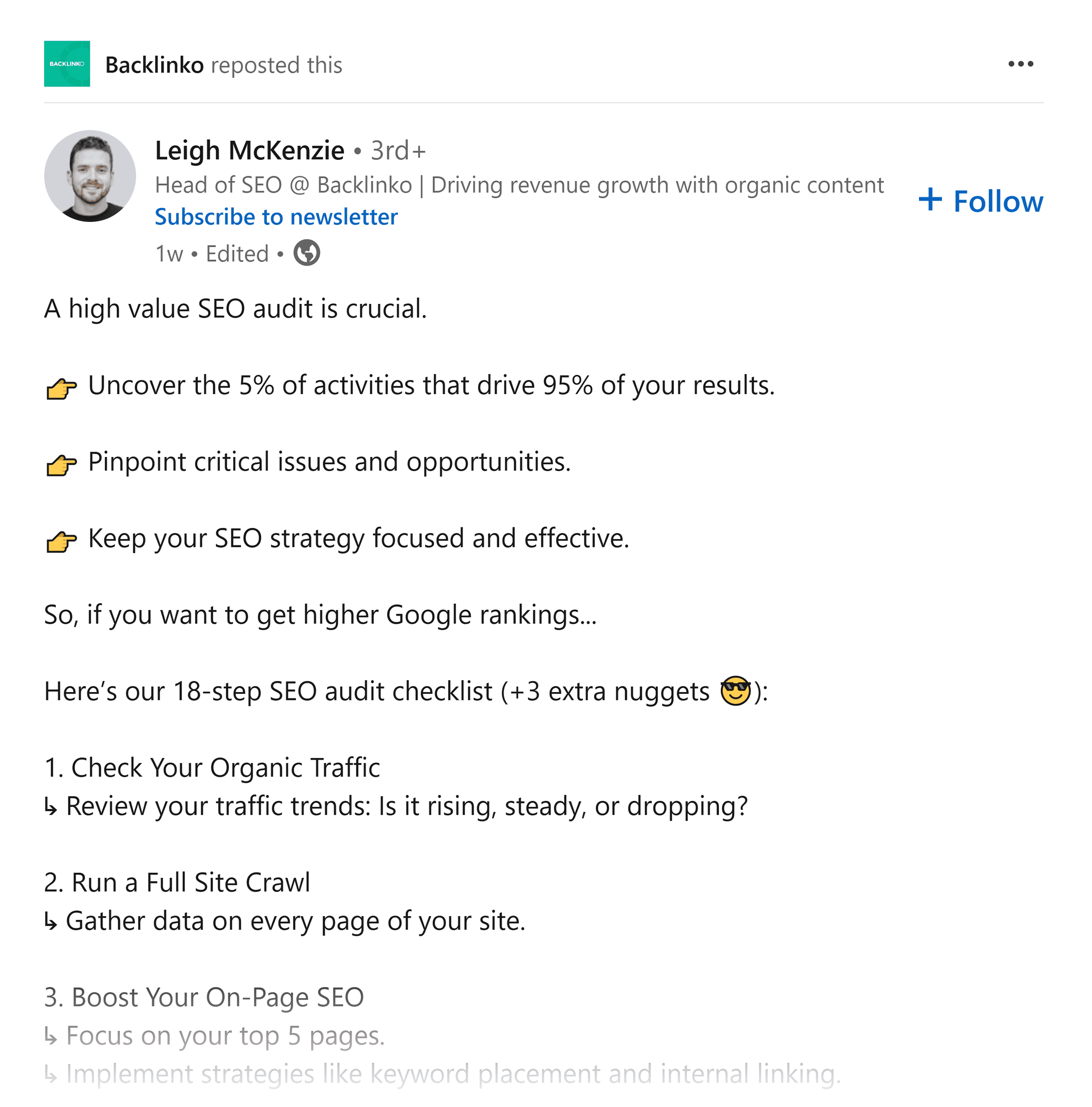 LinkedIn post – Backlinko