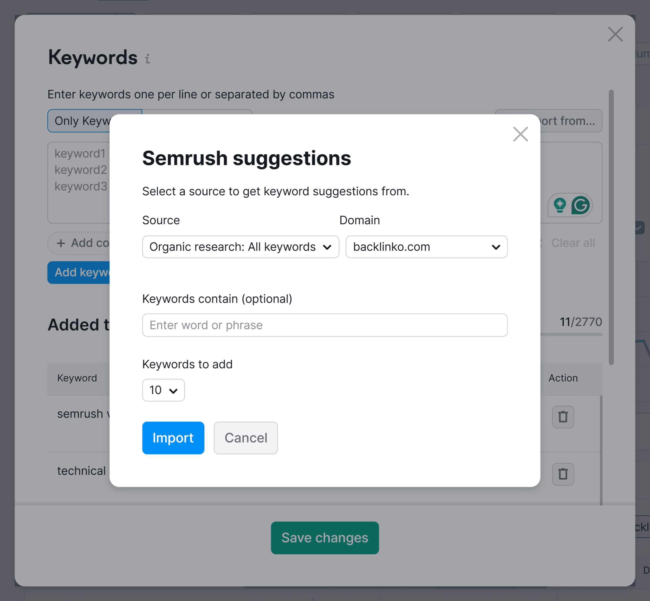 Position Tracking – Add keywords – Semrush suggestions