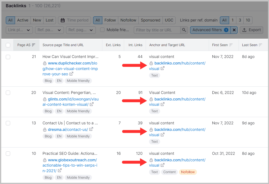 Read each anchor text with respective linking page