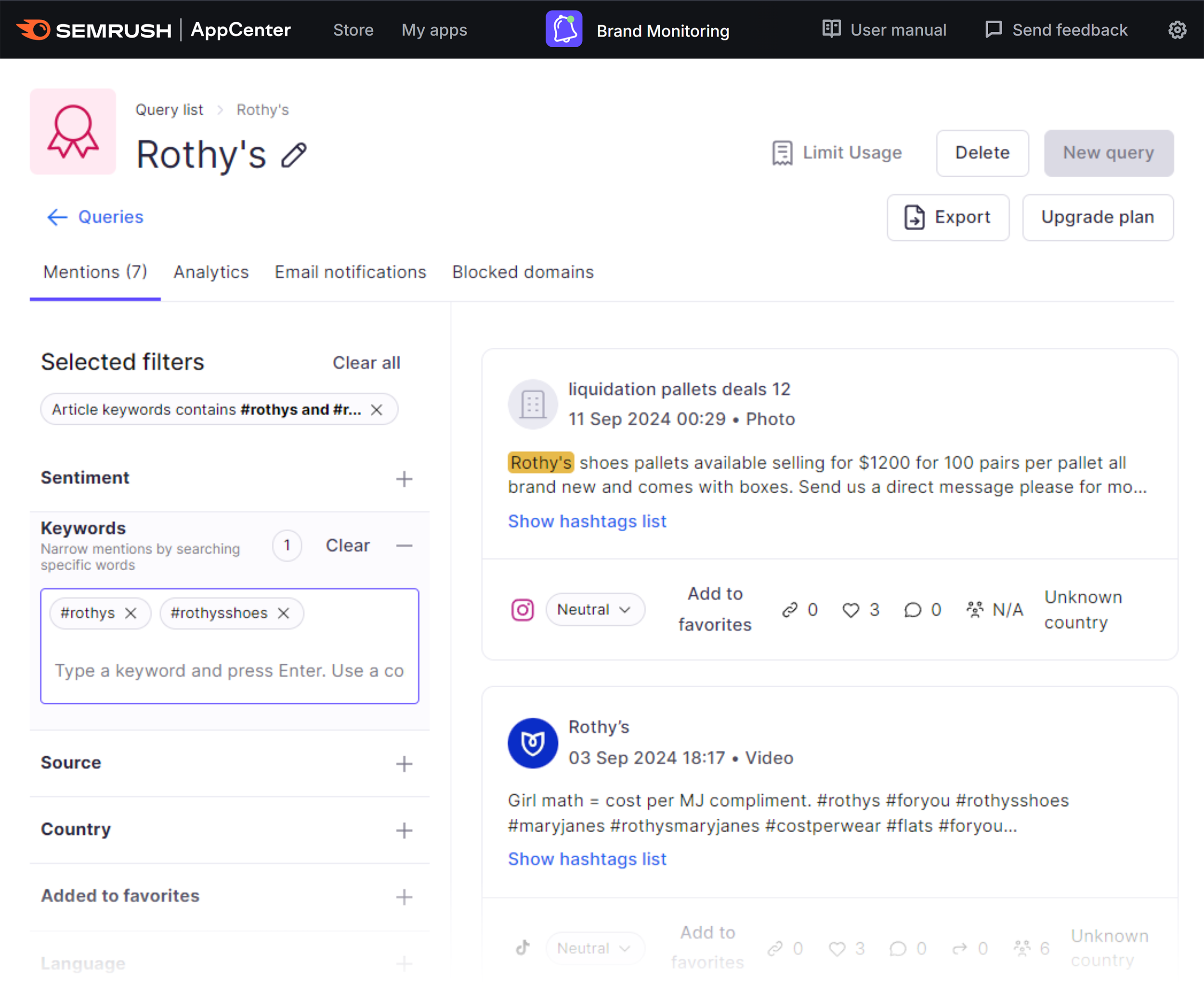 Semrush – Brand Monitoring – Rothy's