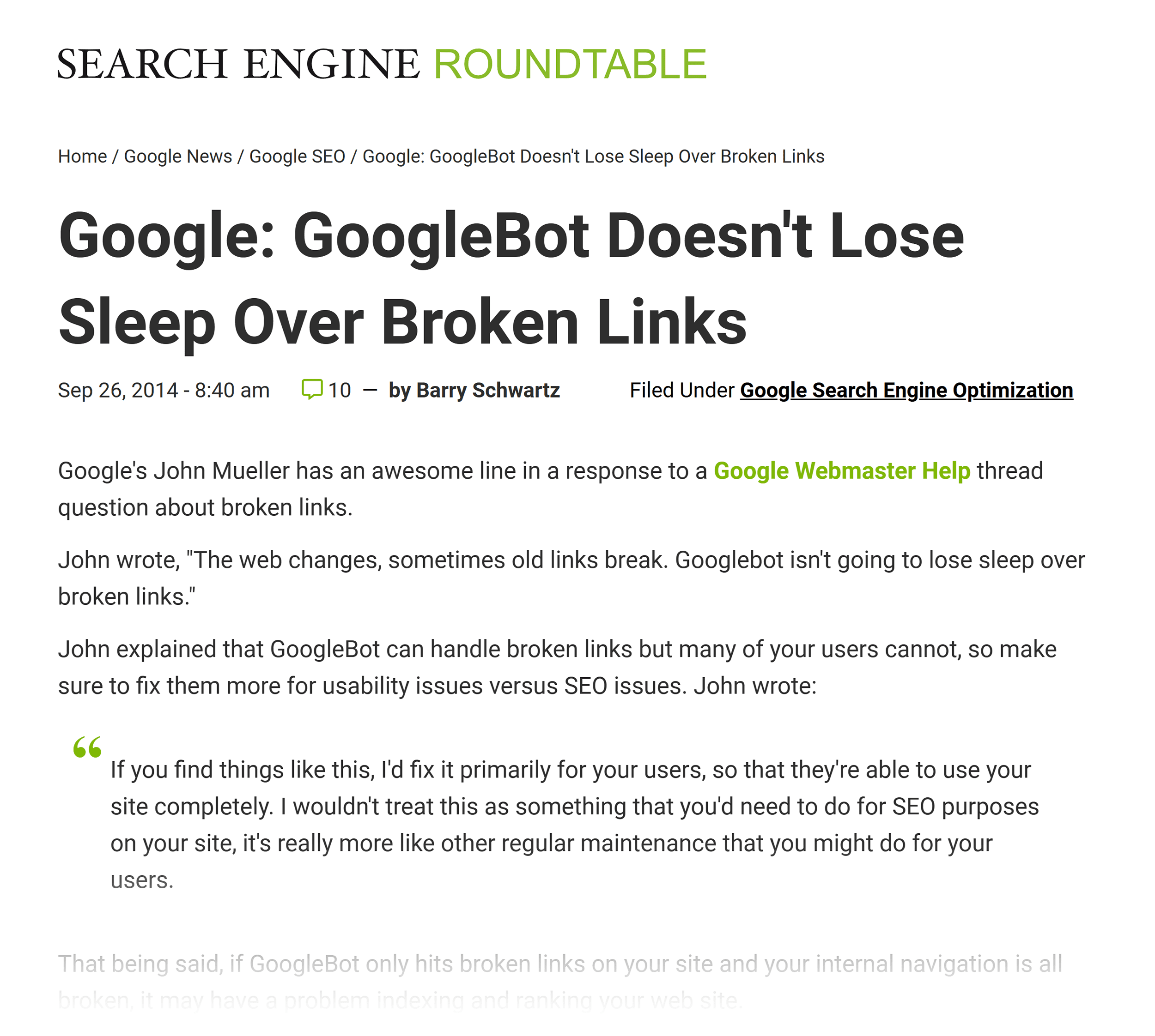 SERoundtable – Google broken links