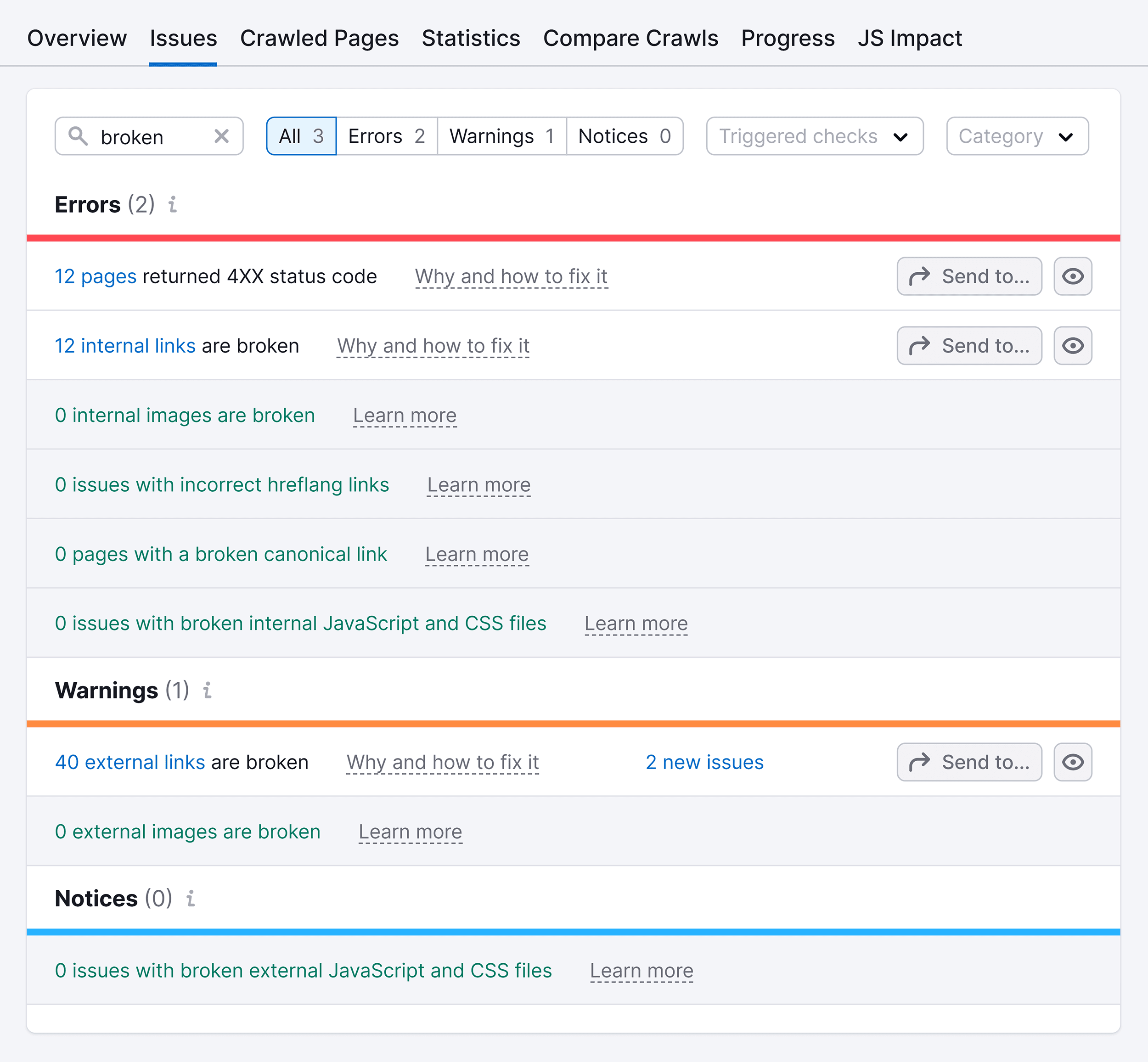 Site Audit – Issues – Broken links